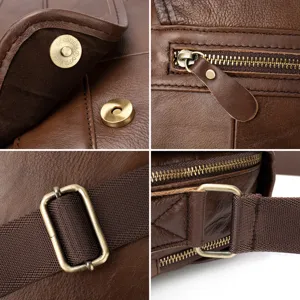 Genuine leather men messenger bag detail view top grain cowhide casual crossbody shoulder bag
