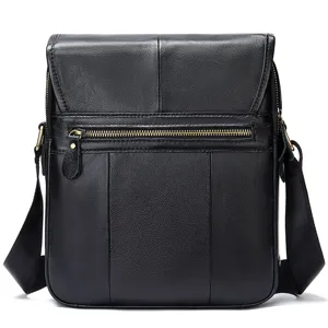 Genuine leather men vertical shoulder bag casual daily business crossbody bag black