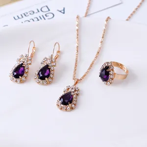 Paarse druppel strass sieraden set ketting oorbellen ring mode accessoires chic