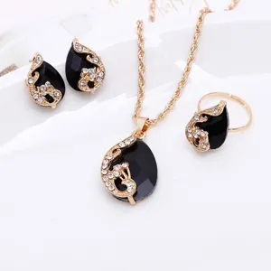 Pauw druppel edelsteen sieraden set ketting oorbellen ring elegante mode accessoires