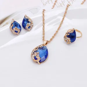 Blauwe druppel kristal pauw hanger ketting oorbellen ring sieraden set voor vrouwen mode