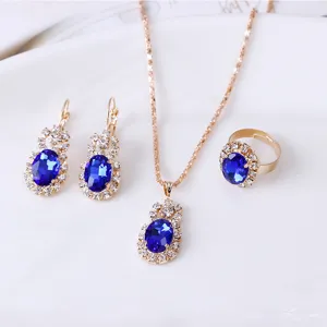 Blauwe kristal ovale sieraden set ketting oorbellen ring elegante mode accessoires