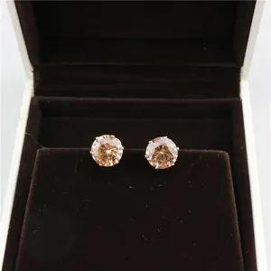 Korean fashion round champagne cubic zirconia stud earrings, simple elegant jewelry for women.