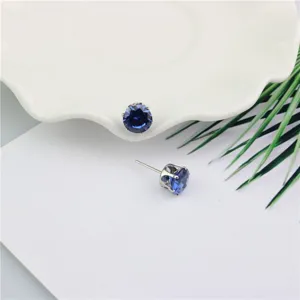 Korean style 8mm blue cubic zirconia stud earrings, minimalist sparkly ear jewelry.