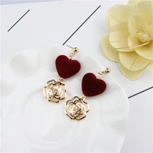 Sweet velvet heart and hollow rose zircon drop earrings for women, elegant fashion jewelry.