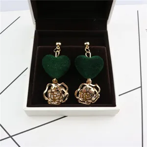 Green velvet heart and gold hollow rose zircon drop earrings for sweet women daily wear.