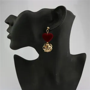 Sweet velvet heart and hollow rose dangle earrings, stylish chic jewelry for women.