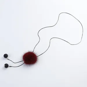Fashion winter long mink fur pom pom sweater necklace women elegant pendant jewelry chain