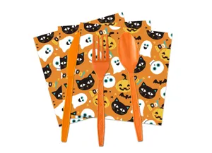 Halloween party tableware set with ghost pumpkin napkin and orange plastic fork knife spoon.