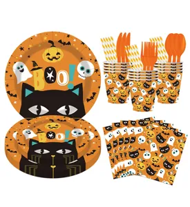 Halloween party tableware set paper plates cups napkins spooky ghost pumpkin design