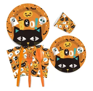 Halloween party disposable tableware set paper plates cups napkins cutlery set orange black