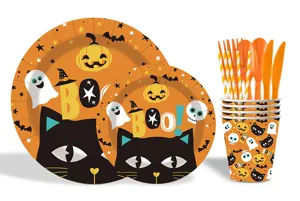 Halloween party tableware set disposable paper plates cups forks spoons straws for holiday decor