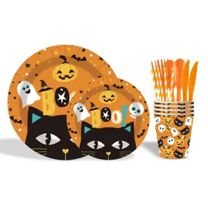 Halloween party tableware set disposable paper plates cups straws forks knives spoons kit