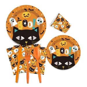 Halloween Party Tableware Set Disposable Paper Plates Cups Napkins Cutlery for Party Decor