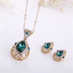 Detailed view of European style waterdrop crystal rhinestone necklace and earrings set.