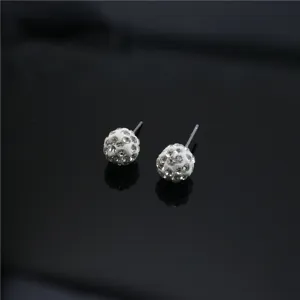 White crystal pave ball stud earrings, elegant Shamballa style sparkly jewelry for women daily wear.