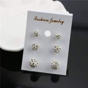 Shamballa full rhinestone ball stud earrings set, elegant white crystal ear jewelry for women.