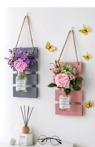 Wall mounted flower basket artificial plant home decor wooden board glass vase set
