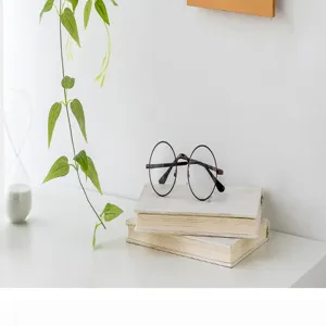 Detail view of stylish round frame glasses resting on books with a green plant and hourglass.