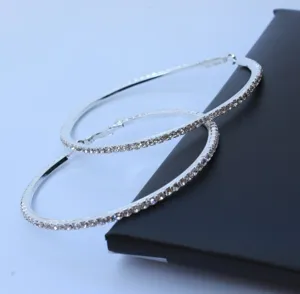 Grote fonkelende strass oorringen detail, stijlvolle zilveren metalen mode sieraden voor dames.