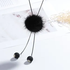Long black mink fur pom-pom sweater chain necklace with matte bead pendants for women winter style