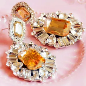 Luxurious crystal amber rhinestone statement drop earrings for women elegant party jewelry.