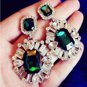 Euro-American Luxurious Overstated Large Oval Faux Gemstone Inlaid Stud Earrings Shiny Full Rhinestone Accents Exaggerated Palace Style Jewelry For Nightclub Party Women