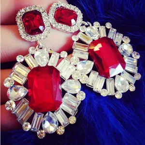 Exaggerated large red crystal cluster statement earrings for women party fashion jewelry style.