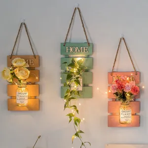 Wall mounted wooden flower basket decoration with fairy lights for indoor wall decor