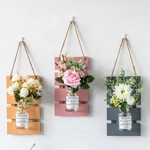 Wall hanging artificial flower vase wooden board home decor wall plant ornament 3pcs set