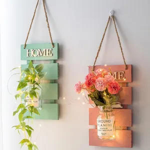 Wall hanging flower basket artificial plant wooden board home decor with fairy lights