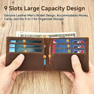 Genuine leather men's wallet with multiple card slots and large capacity design for daily use.