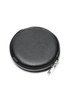 Black genuine leather round coin purse with zipper closure, compact minimalist mini wallet.