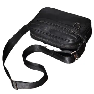 Men's black leather crossbody messenger bag with adjustable strap and durable metal zippers.