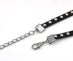 Black suede rivet choker necklace detail, punk style metal chain and lobster clasp.