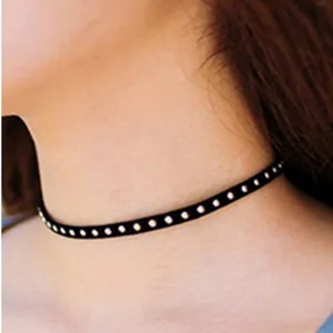 Black velvet choker necklace with metal studded rivets for women fashion jewelry accessory