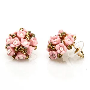 Chique roze keramische bloemknop oorknopjes met sprankelende strass-steentjes voor dames.