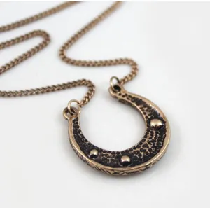 Vintage bronze horseshoe pendant necklace detail shot, textured metallic finish and chain.