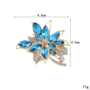 Exquisite blue crystal flower brooch, gold tone alloy rhinestone pin for women fashion dress.