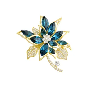 Elegant luxury gold-plated blue crystal flower brooch for women fashion accessories