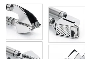 Stainless steel garlic press detail view showing sturdy hinge and precision press holes for kitchen.
