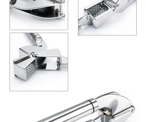Stainless steel garlic press kitchen gadget detail view, durable metal garlic mincer tool.