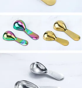 Stainless steel coffee measuring spoon detail, short handle multi-color scoop set with 15ml mark.