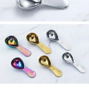 Stainless steel measuring spoon set with clear capacity scales for coffee and milk powder.