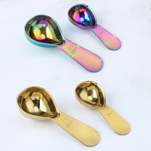 Stainless steel measuring spoon set with clear scale markings for coffee and baking use.