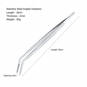 Stainless steel curved tweezer detail showing 30cm length, 2mm thickness, and 3cm opening size.