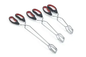 Stainless steel kitchen food tongs with red black ergonomic handles, set of three for BBQ.
