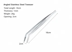 Curved stainless steel tweezers, 16cm long, 1mm thickness, perfect for gardening and crafts use.