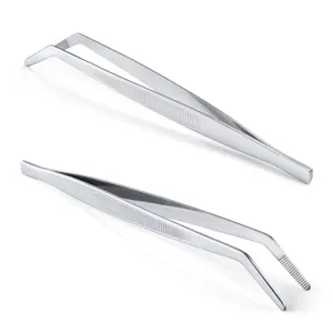 Stainless steel curved tweezers with anti-slip grip, ideal for household and garden use.
