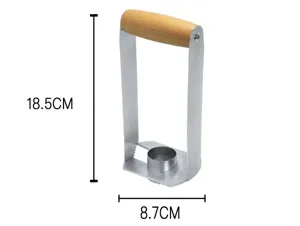 Stainless steel pineapple corer detail view, wooden handle grip, kitchen fruit cutting tool.